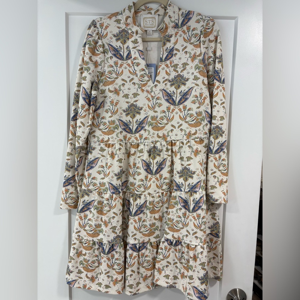 Sail to Sable Cream and Blue Floral Tunic Flare Dress - NWT!